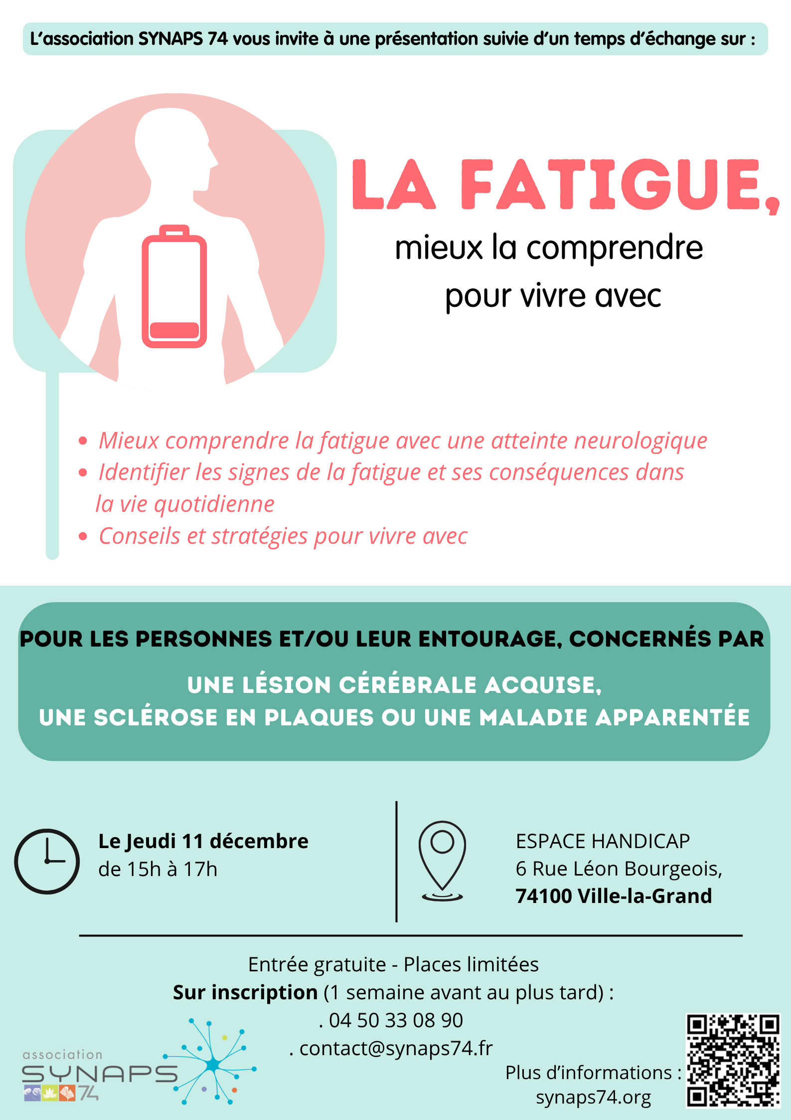 Invitation gratuite SYNAPS 74 (sur inscription, places limitées), 15h à 17h.